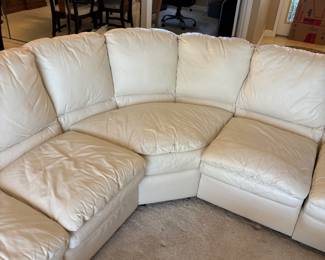 6 piece Cream Leather Sectional Sofa by Leather Craft Inc, Conover, NC. $5,000 set       10.5’ Long each way. 2 end pieces: 55”L 38”D 36” T,  2 single pieces: 23”L 38”D 36”T, 1 corner piece 66” L 38”D 36”T, Footstool 26”L 22”D 15” T
