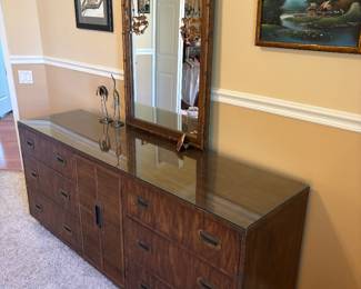 Dixie “Campaign” Dresser w mirror & glass top $ 450.00. 70”w 18.5”d 30”-70”t