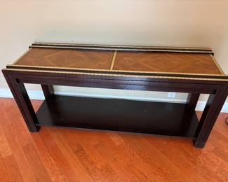 Console Table Burlwood Veneer Top $250.00.  58”L 17.5”W 25.5”T