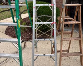 Ladders: 16’ aluminum extension $125.00,  8’ Werner fiberglass $90.00, 6’ aluminum $70.00, 5’ wood $50.00, 4’.aluminum 3 step $50.00, 3’ wood step $40.00