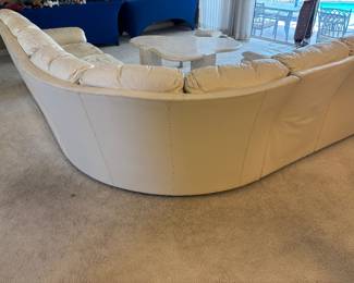 6 piece Cream Leather Sectional Sofa by Leather Craft Inc, Conover, NC. $5,000 set       10.5’ Long each way. 2 end pieces: 55”L 38”D 36” T,  2 single pieces: 23”L 38”D 36”T, 1 corner piece 66” L 38”D 36”T, Footstool 26”L 22”D 15” T