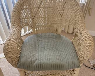 3 piece White Wicker Bistro Set $350.00.  Chairs: 29”W 19” D 34” T holds Table: 30” diameter 28”T glass top