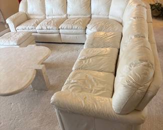 6 piece Cream Leather Sectional Sofa by Leather Craft Inc, Conover, NC. $5,000 set       10.5’ Long each way. 2 end pieces: 55”L 38”D 36” T,  2 single pieces: 23”L 38”D 36”T, 1 corner piece 66” L 38”D 36”T, Footstool 26”L 22”D 15” T