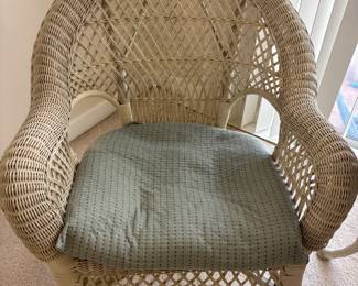 3 piece White Wicker Bistro Set $350.00.  Chairs: 29”W 19” D 34” T holds Table: 30” diameter 28”T glass top