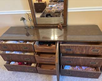 Dixie “Campaign” Dresser w mirror & glass top $ 450.00. 70”w 18.5”d 30”-70”t