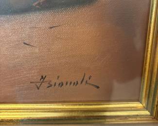 Italian oil & enamel signed by Franca Pisani $450.00. 14”x10”, frame 21”x17”
