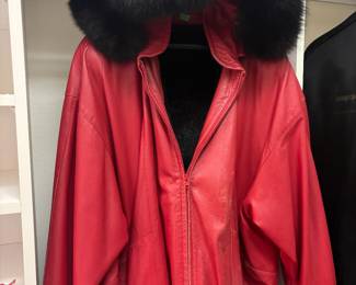 Red Leather Bomber jacket w Black Fur Hood $150.00
