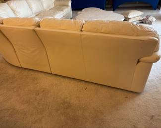 6 piece Cream Leather Sectional Sofa by Leather Craft Inc, Conover, NC. $5,000 set       10.5’ Long each way. 2 end pieces: 55”L 38”D 36” T,  2 single pieces: 23”L 38”D 36”T, 1 corner piece 66” L 38”D 36”T, Footstool 26”L 22”D 15” T