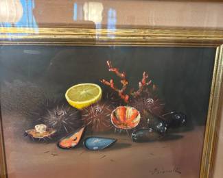 Italian oil & enamel signed by Franca Pisani $450.00. 14”x10”, frame 21”x17”