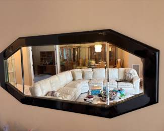 Large Black Lacquered Mirror Brass and Beveled by Antonio PaVia Italy $2,500.00.   70”W 30”T 2”D