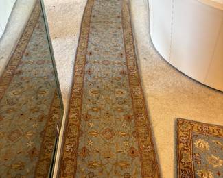 Blue and Tan Safavieh wool rugs. 2.3’w x 12’L runner $75.00, 2.3’w x 19.5’L $150.00,  3.6’ diameter round $40=$40.00