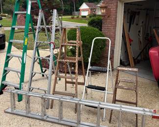 Ladders: 16’ aluminum extension $125.00,  8’ Werner fiberglass $90.00, 6’ aluminum $70.00, 5’ wood $50.00, 4’.aluminum 3 step $50.00, 3’ wood step $40.00