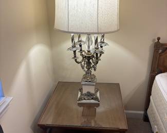 MCM Side Table w glass top by American of Martinsville $ 200.00.    27”W 27” D 21.5”T