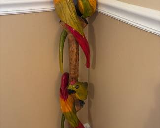 Wood Parrots Totem $150.00.   8”base 48”t