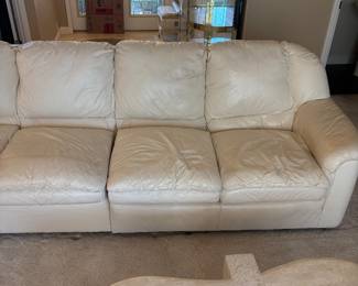 6 piece Cream Leather Sectional Sofa by Leather Craft Inc, Conover, NC. $5,000 set       10.5’ Long each way. 2 end pieces: 55”L 38”D 36” T,  2 single pieces: 23”L 38”D 36”T, 1 corner piece 66” L 38”D 36”T, Footstool 26”L 22”D 15” T