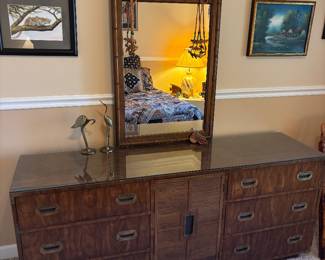 Dixie “Campaign” Dresser w mirror & glass top $ 450.00. 70”w 18.5”d 30”-70”t