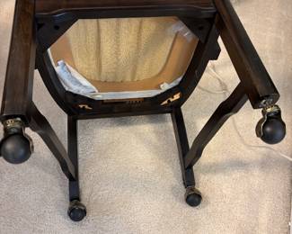 Davis Cherry Dinning Table, 4 chairs on castors, 3 leaves, topper. $900.00 set.  Table: 64”-112”L 44”W 29” T. Chairs: 24”W 19”D 35”T