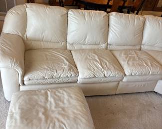 6 piece Cream Leather Sectional Sofa by Leather Craft Inc, Conover, NC. $5,000 set       10.5’ Long each way. 2 end pieces: 55”L 38”D 36” T,  2 single pieces: 23”L 38”D 36”T, 1 corner piece 66” L 38”D 36”T, Footstool 26”L 22”D 15” T