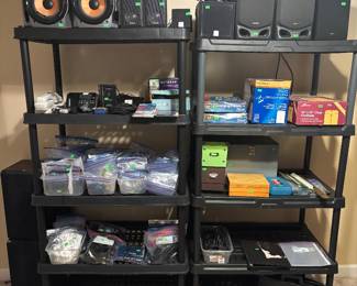 Pairs of speakers, electronics and office supplies 