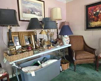 Mirrors, art, brass lamps, Hollywood Revival style brassware, ware,blankets, chairs,Hepplewhite style shield-back chairs