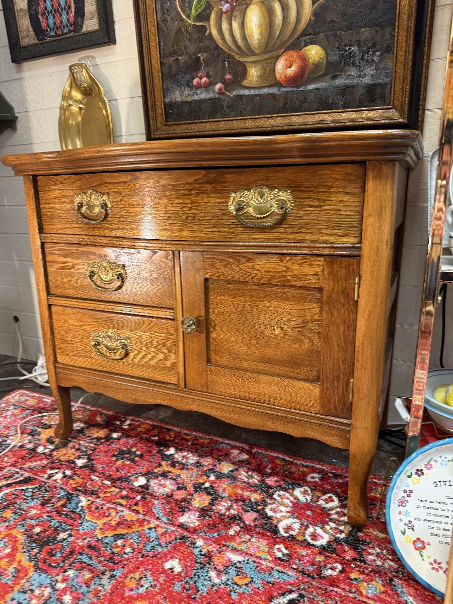 Antique Dry Sink, Framed Fruit Oil Painting, brass tray