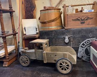 Vintage wooden truck, sewing box, shoe shine kit, trunk