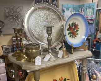 silver plate tray, ceramic bowl, tole painted tray