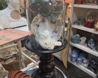 salt and pepper shakers, glass cloche, bird, china plate, terra cotta pots