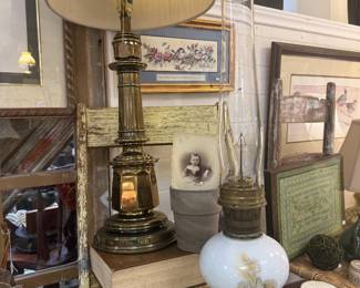 large brass lamp, wooden candelsticks