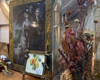 vintage metal box with art, framed small fruit art, vintage cloche with dried flowers