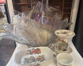 vintage glass basket and vanity set