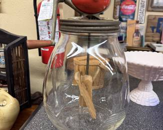1920s-40s Dazey glass butter churn with red metal  crank mechanism