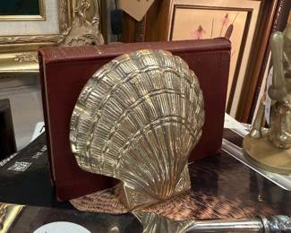 Vintage Hollywood Regency brass clamshell bookends