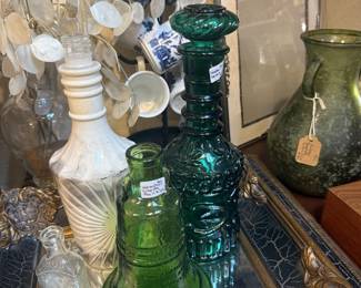 green glass, vases, decanter, mugs