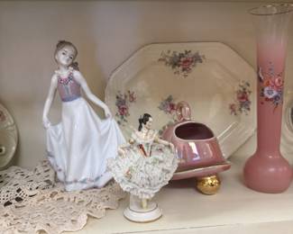 porcelain figurines, ceramic china platter, floral glass pink vase