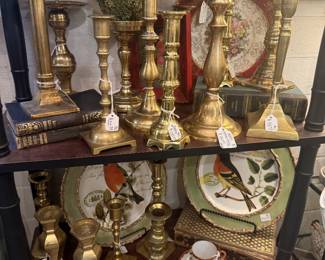 candlesticks, bird plates, tea cup and saucers
