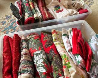 063 twolargetotesofholidaytableclothes