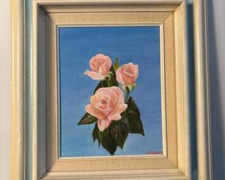 253 framedpaintingofpinkrosessignedmar