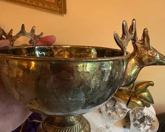 Silver Plated Hammered Bowl with Stag Handles