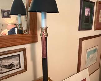 Frederick Cooper Style Brass and Black Candlestick Table Lamp with Tassel