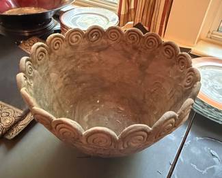 Terracotta Scalloped Rim Planter Bowl with Swirl Motifs