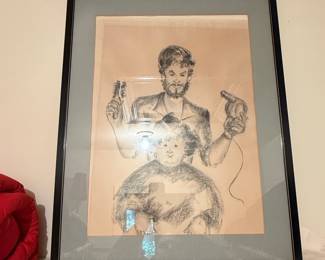 Charcoal Drawing of a Barber and Child