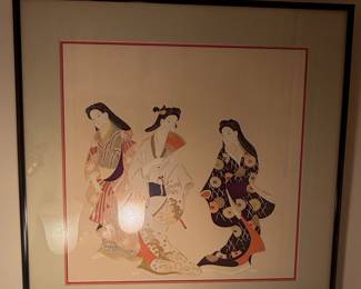 Framed Japanese Woodblock Print of Three Women by Toyohara Chikanobu