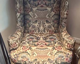 Queen Anne Style Wingback Armchair with Floral Tapestry Upholstery