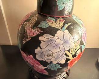 Vintage Famille Noire Chinese Porcelain Ginger Jar with Floral and Bird Motif