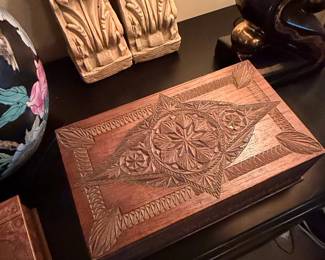 Hand-Carved Wooden Jewelry Box with Starburst Motif