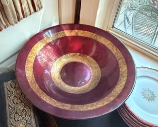 Deep Red Glass Bowl with Gold Inlay