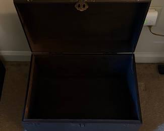 Dark Wood Storage Chest with Ornate Metal Hardware and Hinges
