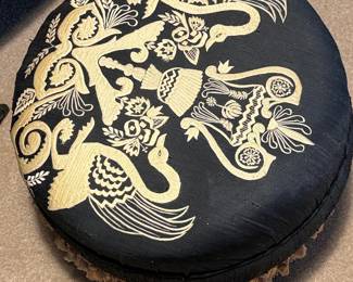 Round Ottoman with Embroidered Bird and Floral Motif