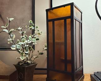 Japanese Shoji Style Amber Glass Table Lamp